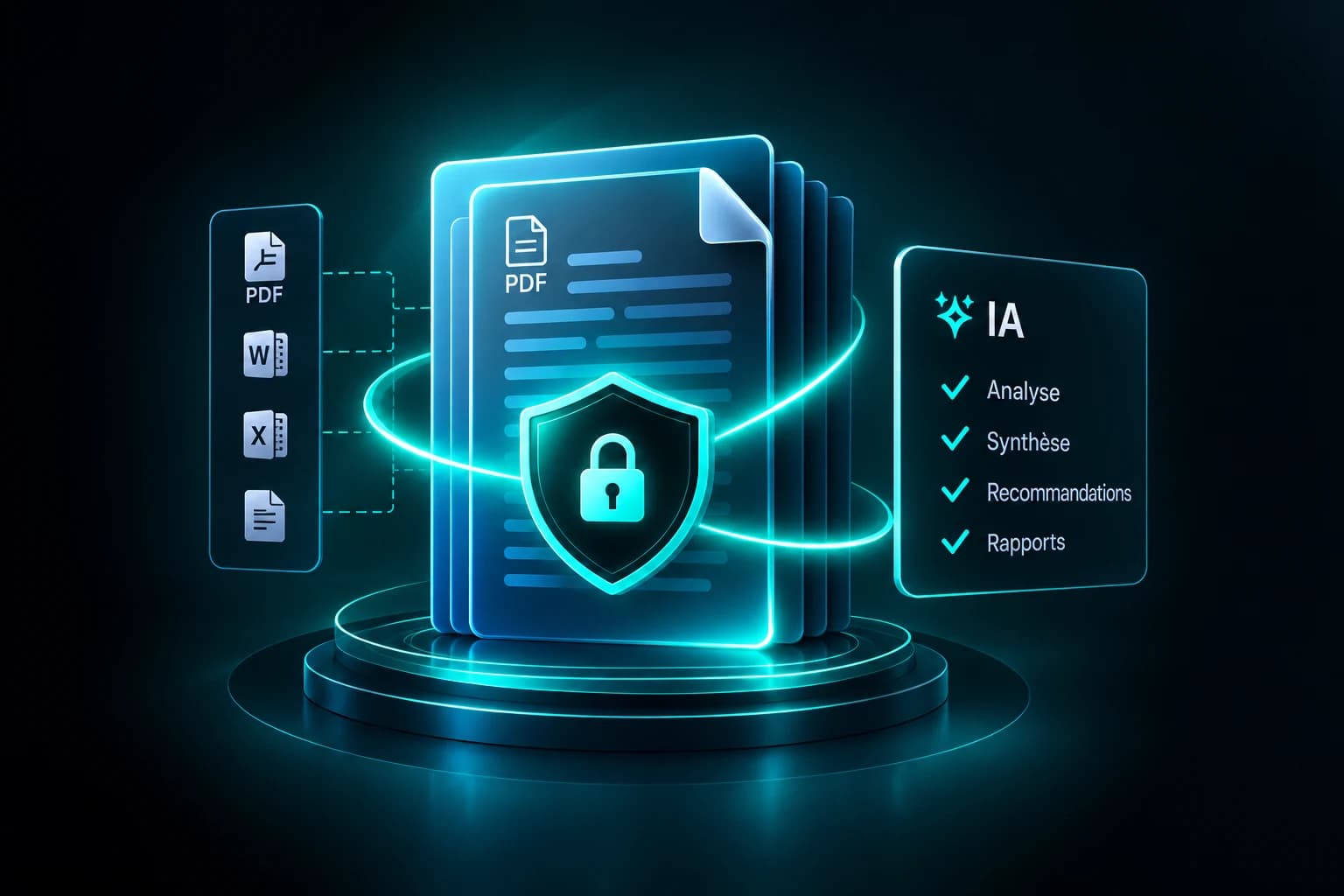 Documents PDF, Word et Excel protégés par un bouclier avant d'être analysés par l'IA — analyse, synthèse, recommandations et rapports